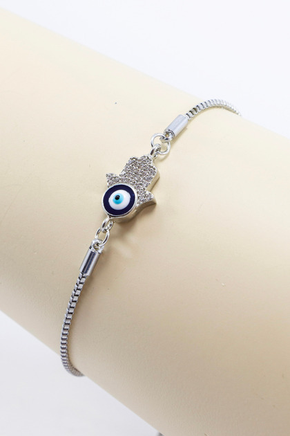 Silver Color Adjustable Evil Eye Shiny Stone Hamse Hand Bracelet, Gift Fatima Mother Bracelet