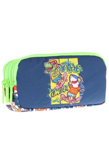 Kids Navy Blue Green, Dinosaur Themed, Three Compartment School Pencil Bag for Boys - L8256