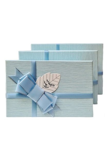 Set 3 cutii cadou dreptunghiulare, panglică de satin cu margine argintie, albastră 17,5-22,5 cm