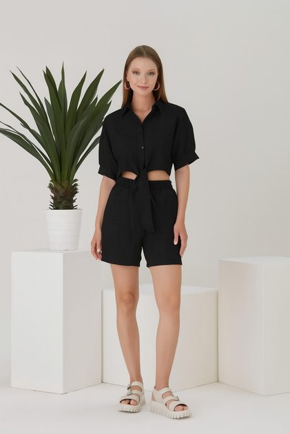 Black Linen Look Summer Oversize Front Tie Bottom Top Set