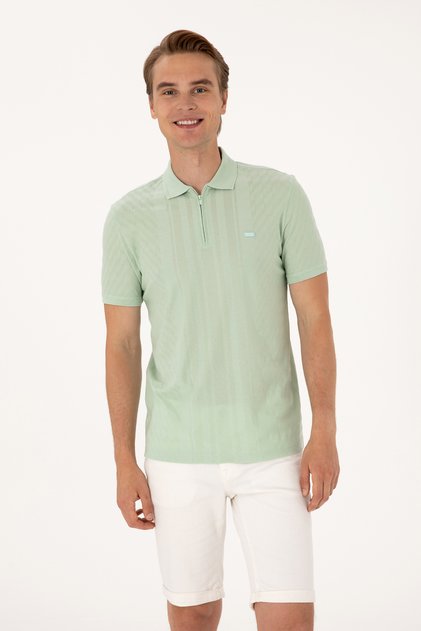 Men's Regular Fit Water Green Polo Neck Zipper T-Shirt 50300813-Vr048