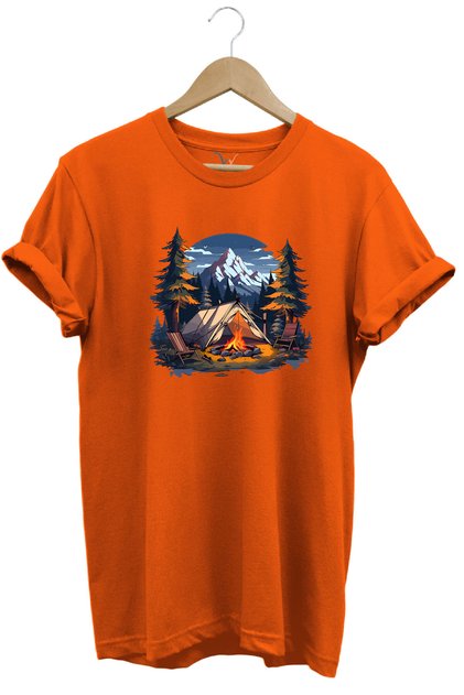 Summer Camping Nature Tent and Mountain Printed 100% Cotton Regular Fit Crew Neck T-Shirt