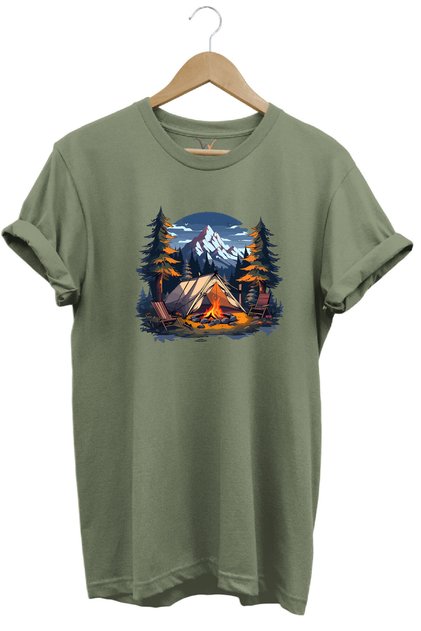 Summer Camping Nature Tent and Mountain Printed 100% Cotton Regular Fit Crew Neck T-Shirt