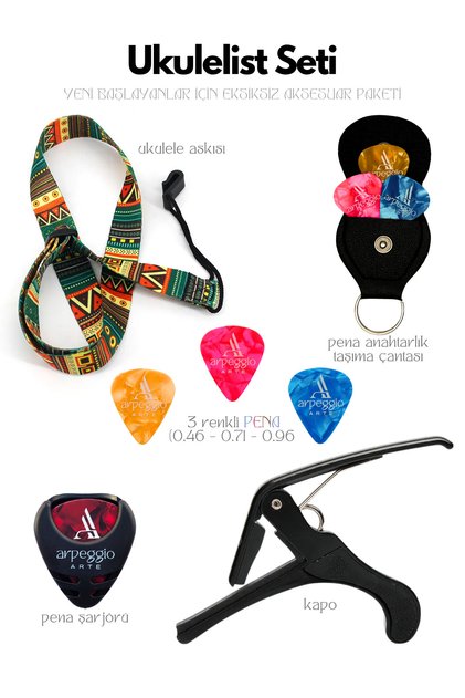 Ukulelist Seti | Ukulele Askısı, Kapo, 3 adet Pena, Taşıma Çantası, Pena Şarjörü