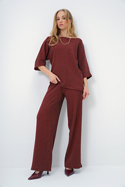 Trend Alaçatı Stili Women's Burgundy Boat Neck Bat Sleeve Loose