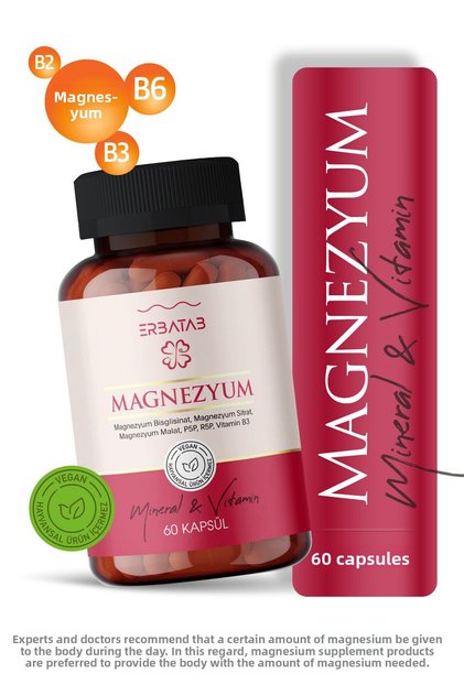 Magnesium 3-Piece Form (BISGLYCINATE, CITRATE, MALATE) & Vitamin B2, B3, B6 - 60 Capsules