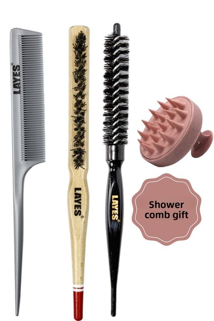 Black Fine Blow Dry Comb - Professional Hair Brush + Bun Brush + Gray Toothless Crepe + Pink Shower Comb