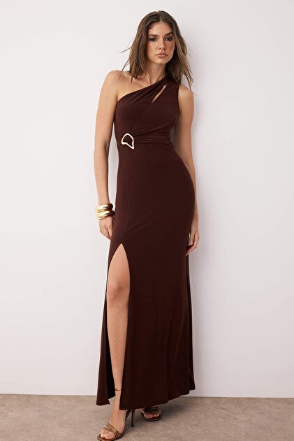 Trendyol Collection Brown Body Fitting Accessory Detail Knitted Long  Stylish Evening Dress Night Homecoming Dress Tprss25Ae00016- Trendyol