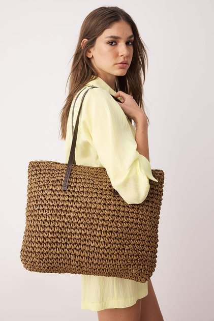 Brown Wicker Hand Knitted Maxi Size Women's Shoulder Bag Takss25Oc00089