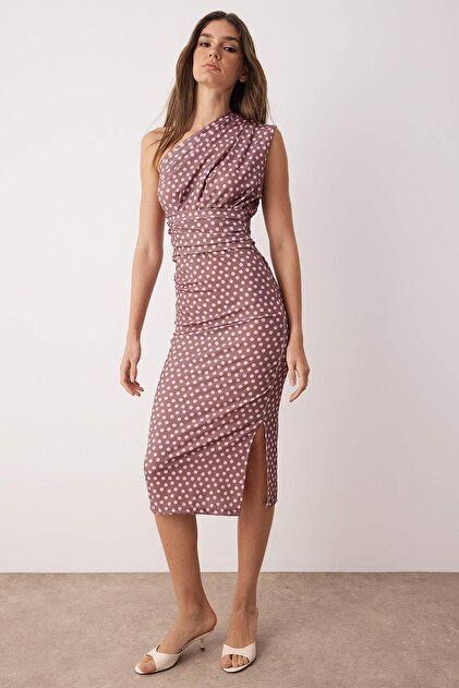 Trendyol Collection Brown Polka Dot Bodycon One Shoulder Asymmetrical  Gather Detail Knitted Midi Dress Twoss23El02182- Trendyol