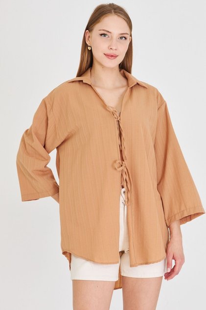 Women's Camel Shirt Collar Front Lace-Up Kimono Shirt Arm-25K001006