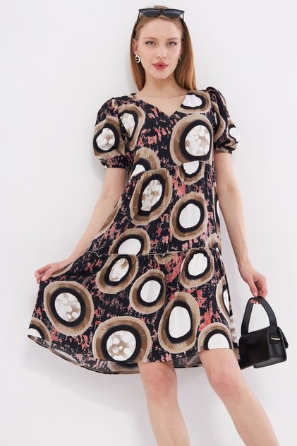 Women's Beige-Black V-Neck Short Sleeve Patterned Ruffle Dress Arm-24Y001014
