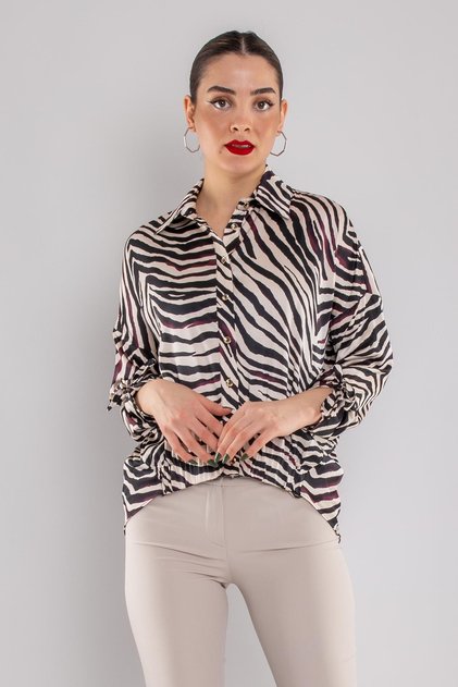 50630-5 Satenska bluza sa gradijentnim zebrastim uzorkom, rukavima i vezicama na struku