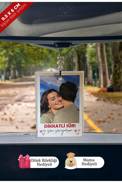 Mini Buket Kişiye Özel Fotoğraflı Araç Süsü, Kokusuz Araba Hediyesi, Dikiz Aynası Süsü, Sevgiliye