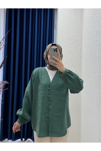 Zaryla V Neck Buttoned Pes Modal Shirt-Nl361 Green