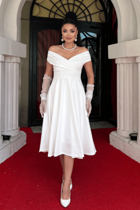 knee length dresses for ladies Plus Size Boat Neck Evening Dress with Sleeves