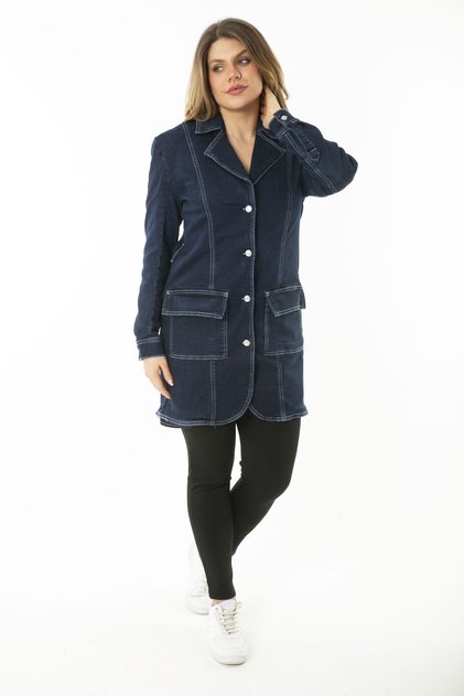 Women's Navy Blue Lycra Jeans Coat with Button and Pockets 26a37112