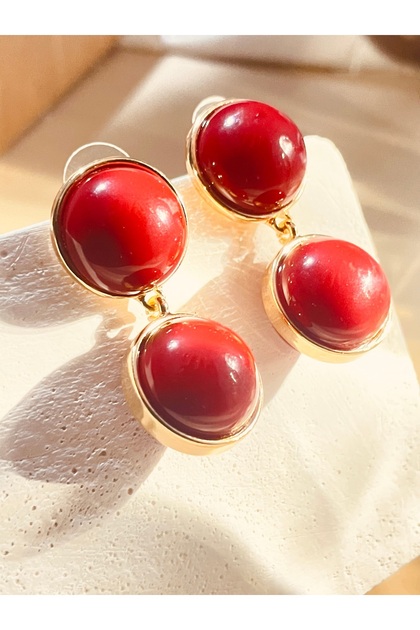 Gold Color Dangle Claret Red Circle Model Women's Earrings