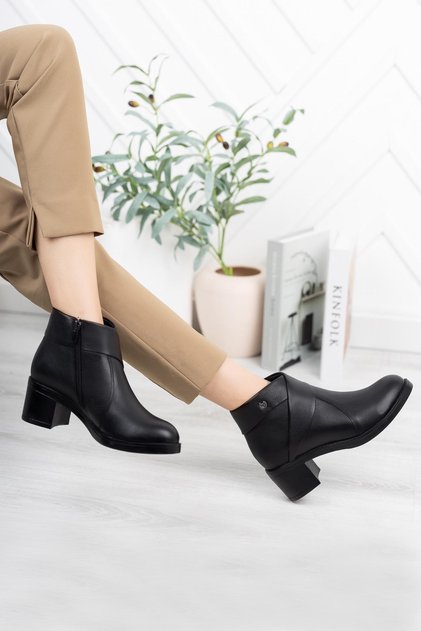 Hakiki Deri Günlük Kullanım Fermuarlı Topuklu Klasik Kadın Bot / Bootie DC2501