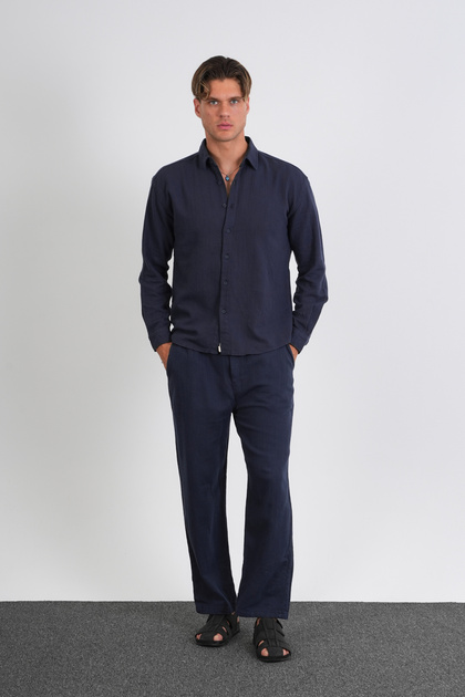 Flare Winter Baggy Pants Oversize Shirt Bottom Top Suit 100% Cotton Navy Blue