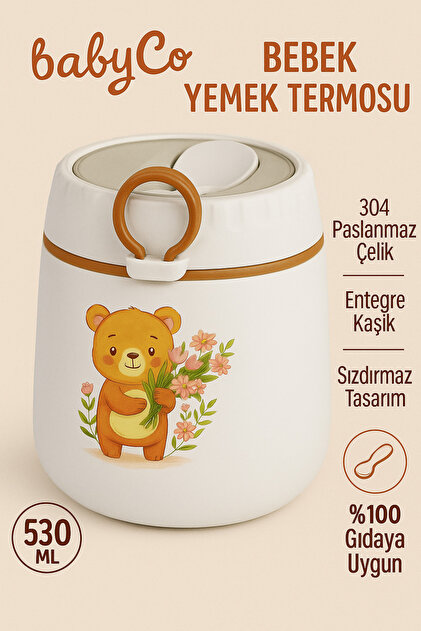 Sevimli Ayıcık Tasarımlı Bebek Yemek Termosu – Sızdırmaz, Kaşıklı, 530 ML (6 Ay+)