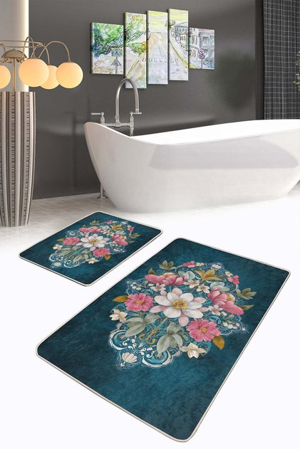 Vintage Floral Patterned 2-Piece Non-Slip Base Washable Bath Mat Set