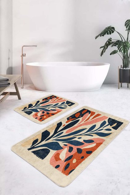 Leaf Patterned Minimal Style Non-Slip Base Washable 2-Piece Bath Mat Set