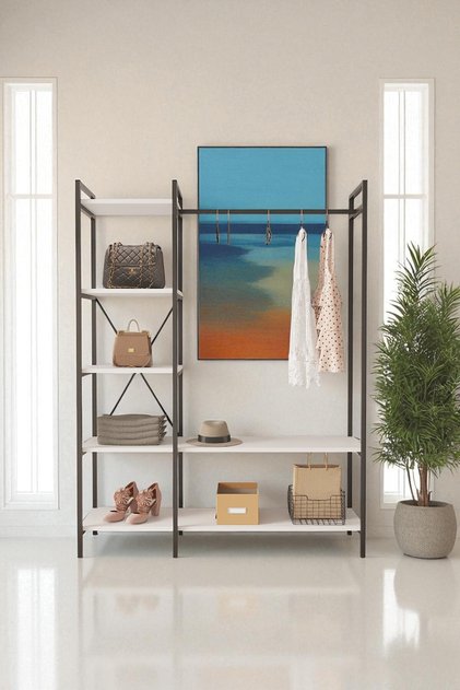 Nilamu Beyaz Elbise Dolabı | Metal Gövdeli Açık Askılık & Organizer Dolap 130×170×34 Cm