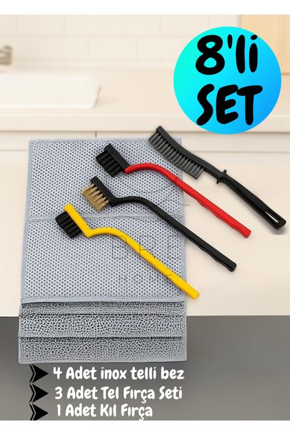 8'li Temizlik Seti - 4 Adet İnox Telli Bulaşık Bezi + 3'lü Tel Fırça + 1 Adet Kıl Fırça