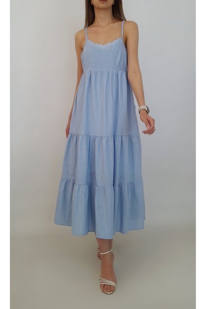 Women's Blue Collar Fistol Lined Cotton Fabric Strap Dress Yy101248