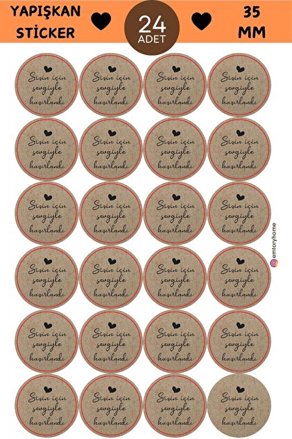 24 Adet-Kraft Sizin İçin Sevgiyle Hazırlandı- Paketleme Sticker - Hediye Paketi - Hediye Kutusu
