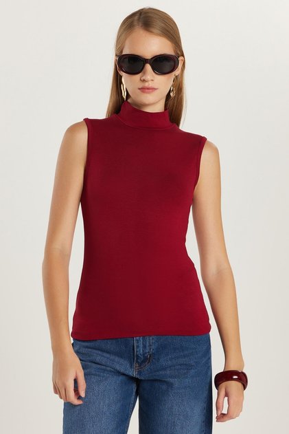Women's Regular Fit Classic Cut Viscose Fabric Turtleneck Zero Sleeve Burgundy Blouse
