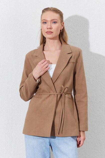 Linen Blazer Jacket with Tie Front and Fleto Pockets - Brown | Ek100351939