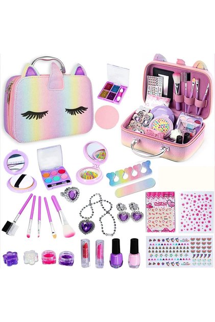 Set make up pentru fetite, Hggzeg, Cu 29 de elemente pentru make-up, Lantisor, Cercei, Inel, Farduri