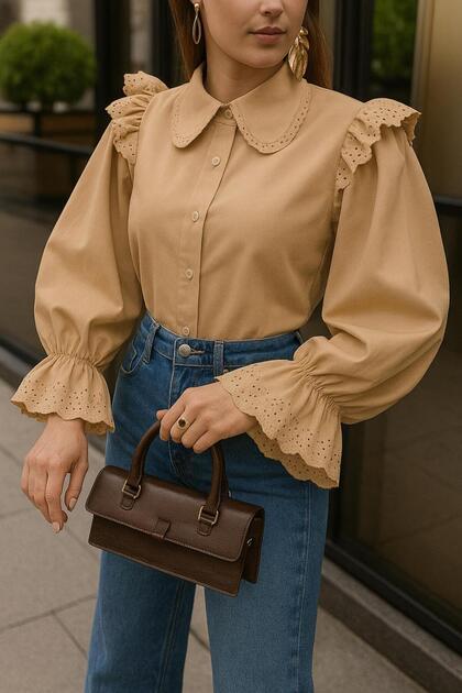 Women's Camel Eyelet Embroidery Ruffled Peter Pan Collar Shirt