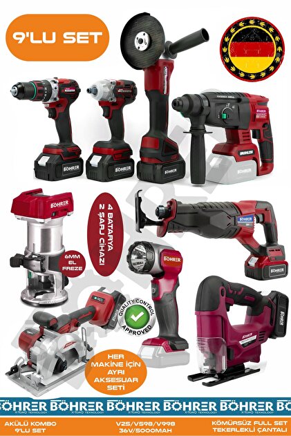 BÖHRER Alman 9 Makine Kombo Set BA01093Y 4 Akülü 2 Şarjlı Kömürsüz