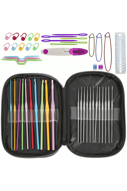 Set de Crosetat idealSTORE, Include 50 de Articole, Dimensiuni Crosetat 0, 6-6, 5 mm, Husa din Piele