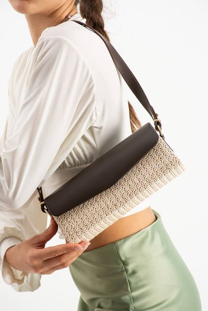 Baguette Hand and Shoulder Bag with Straw Detail