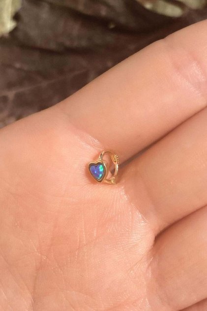 925 Ayar Gümüş, Opal Taşlı Kalp Halka Piercing Küpe