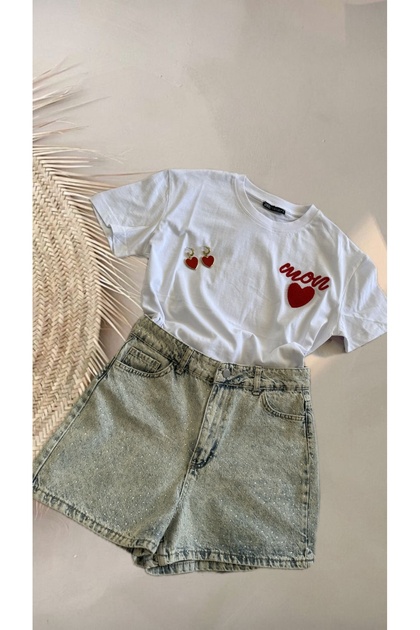 Mom Baskılı Kalpli Tshirt