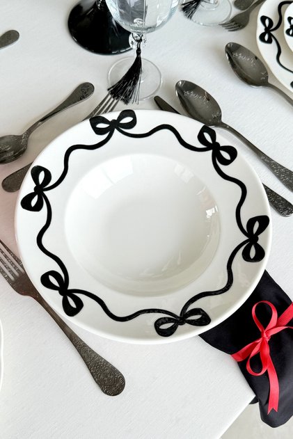 Bow 2-Piece Premium Porcelain Pasta Plate / Salad Bowl Special Design with Black Ribbon Pattern