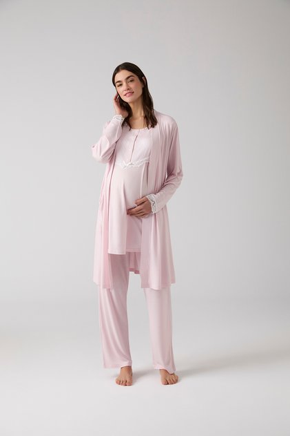 Pink Lace Detailed Dressing Gown Pajama Set Set of 3
