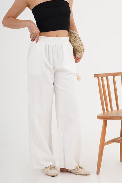 White Loose Trousers with Ripped Legs and Elastic Waist