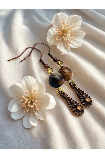 Rodonite Natural Stone Hook Earrings 5cm - Bohemian Geometric Zamak Decorated Dark Copper Color