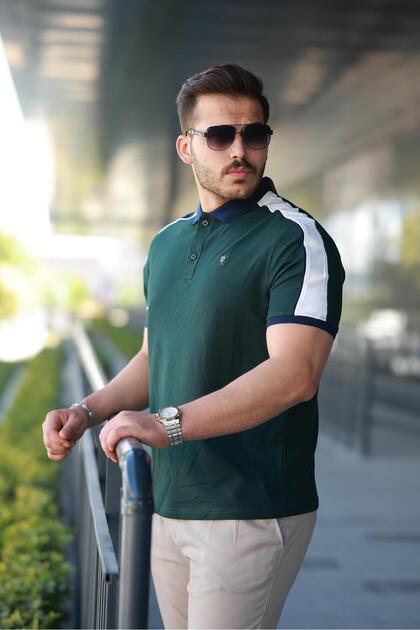 Men's Polo Neck Nefti Green Stripe Detailed Regular Fit T-Shirt - 2530
