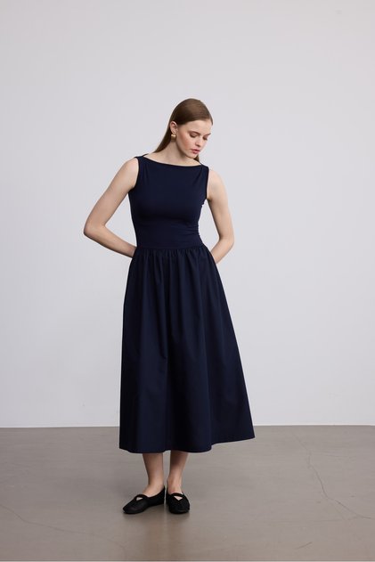 Women's Maxi Length Stretchy Knitted Top and Poplin Skirt Stylish Navy Blue Strap Dress / Sevde Ugur