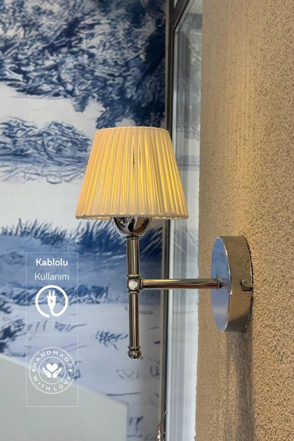 White Leather Design Wired Wall Lighting Sconce - Bottom Silver