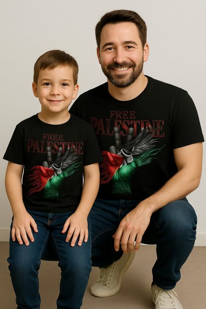 Father Son Black "Free Palestine" Combination T-Shirt | Freedom Themed Family Combination