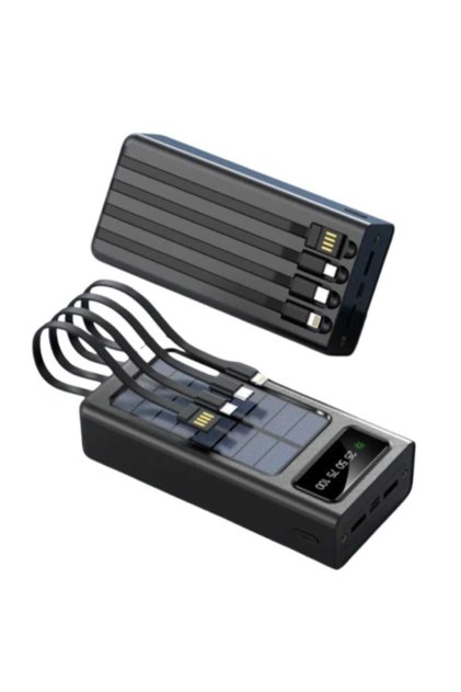 30000mAh Power Bank with 4 Built-in Cables, Digital Display, and Solar Charging Panel - Black
