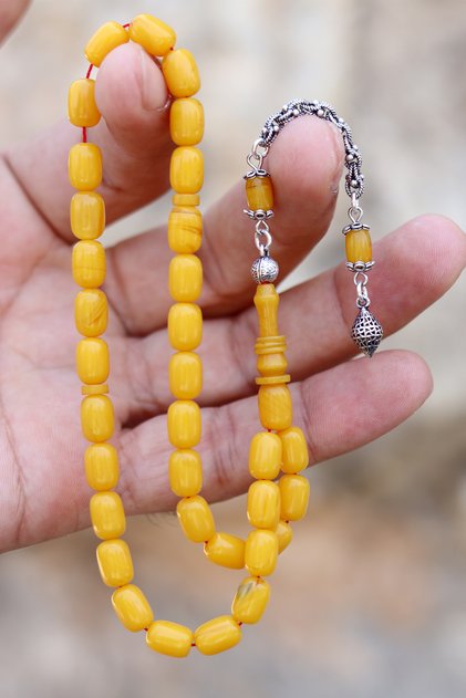 Yellow Capsule Cut Albanian Silver Tassel Crimping Amber Prayer Beads 201024416